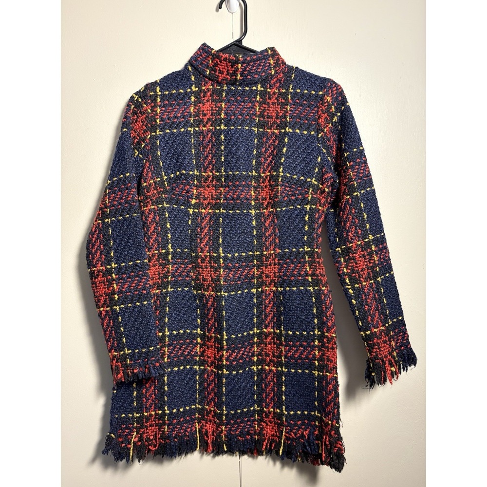 CBR Textured Plaid Sweater Dress S Turtleneck Fringe Tweed Preppy Academia Cozy